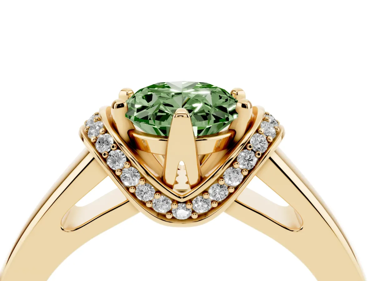 Fancy Green Oval Cut Solitaire Diamond Ring with Pave Band and Six-Prong Setting Yellow gold