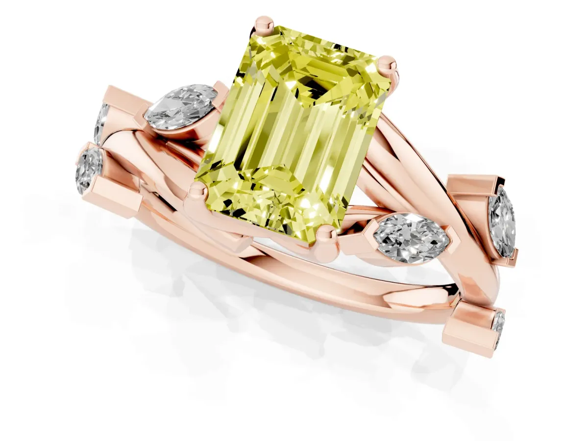 Fancy Yellow Emerald Cut Solitaire Twisted Band Marquise Accent Prong Setting Ring Rose gold