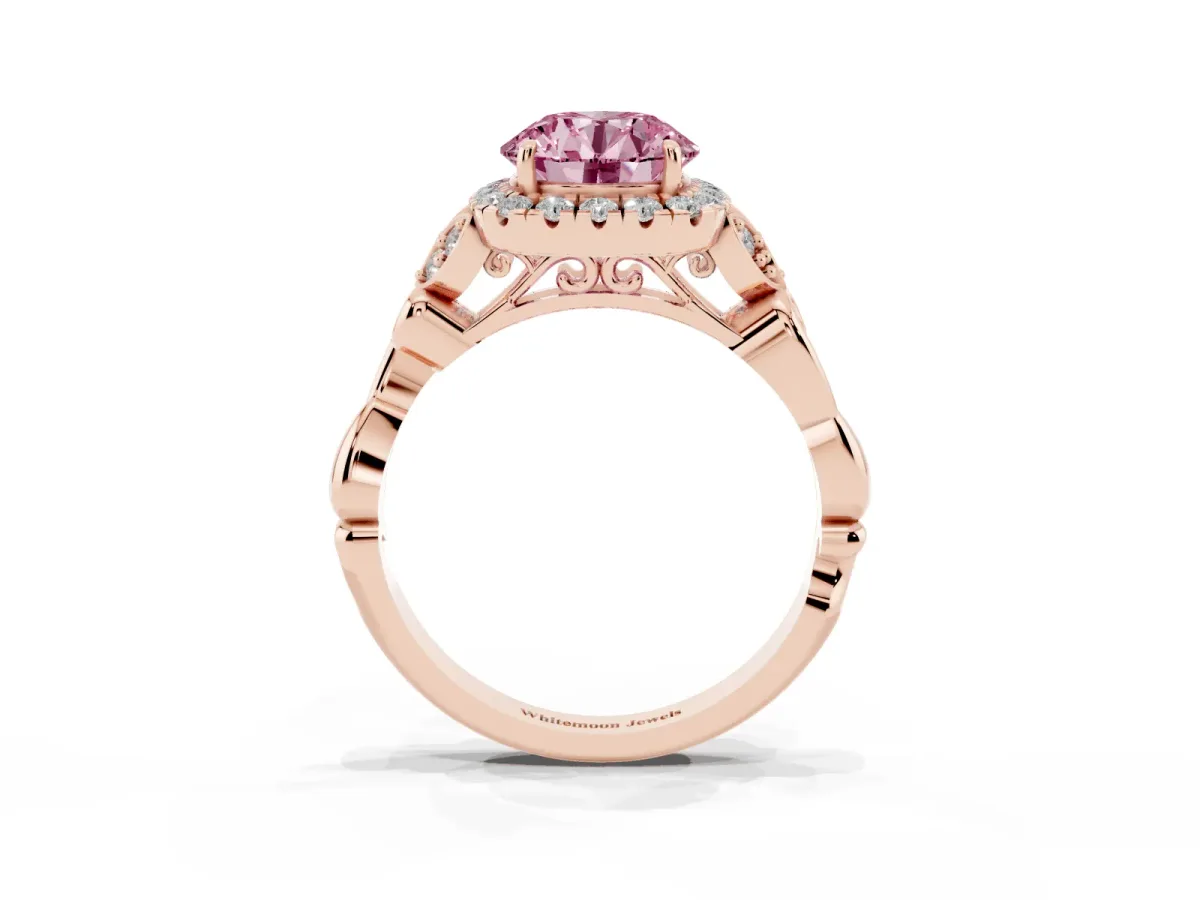 Fancy Pink Round Cut Halo Diamond Engagement Ring with Vintage-Inspired Band and Four-Prong Setting Rose gold