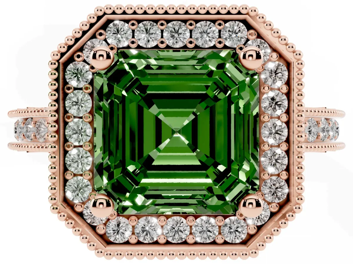 Fancy Green Asscher Cut Diamond Milgrain Halo Engagement Ring with Round Pavé Band and Prong Setting Rose gold