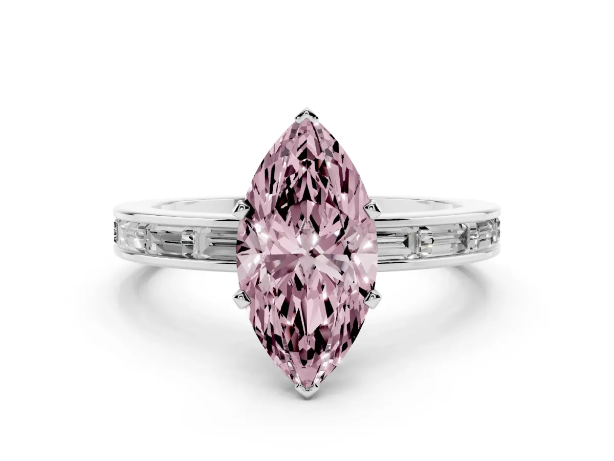 Fancy Pink Marquise Cut Solitaire Diamond Ring with Channel-Set Baguette Band and Four-Prong Setting Silver