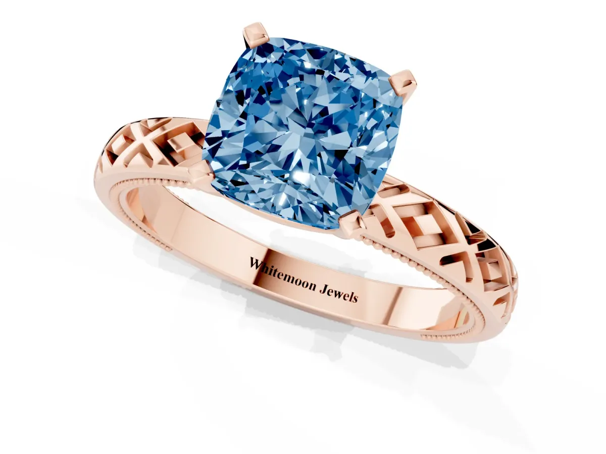 Fancy Blue Cushion Cut Solitaire Diamond Ring with Milgrain and Black Enamel X Pattern Band Rose gold