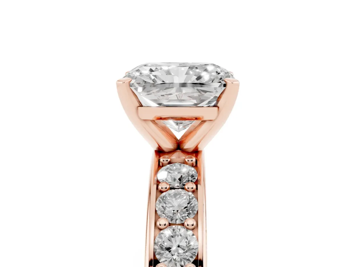 Radiant Cut Diamond Engagement Ring with Channel Set Round Band and Prong Setting Rose gold