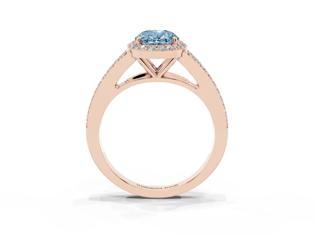 Fancy Blue Oval Cut Halo Split Shank Diamond Ring with Prong Setting Rose gold