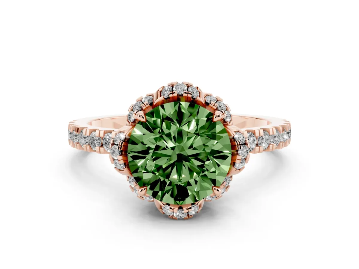 Fancy Green Round Cut Diamond Halo Pave Band with Four-Prong Setting Rose gold