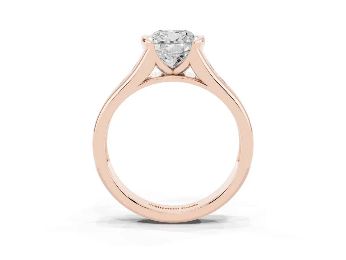 Cushion Cut Solitaire Bezel-Set Diamond Ring with Channel-Set Band Rose gold