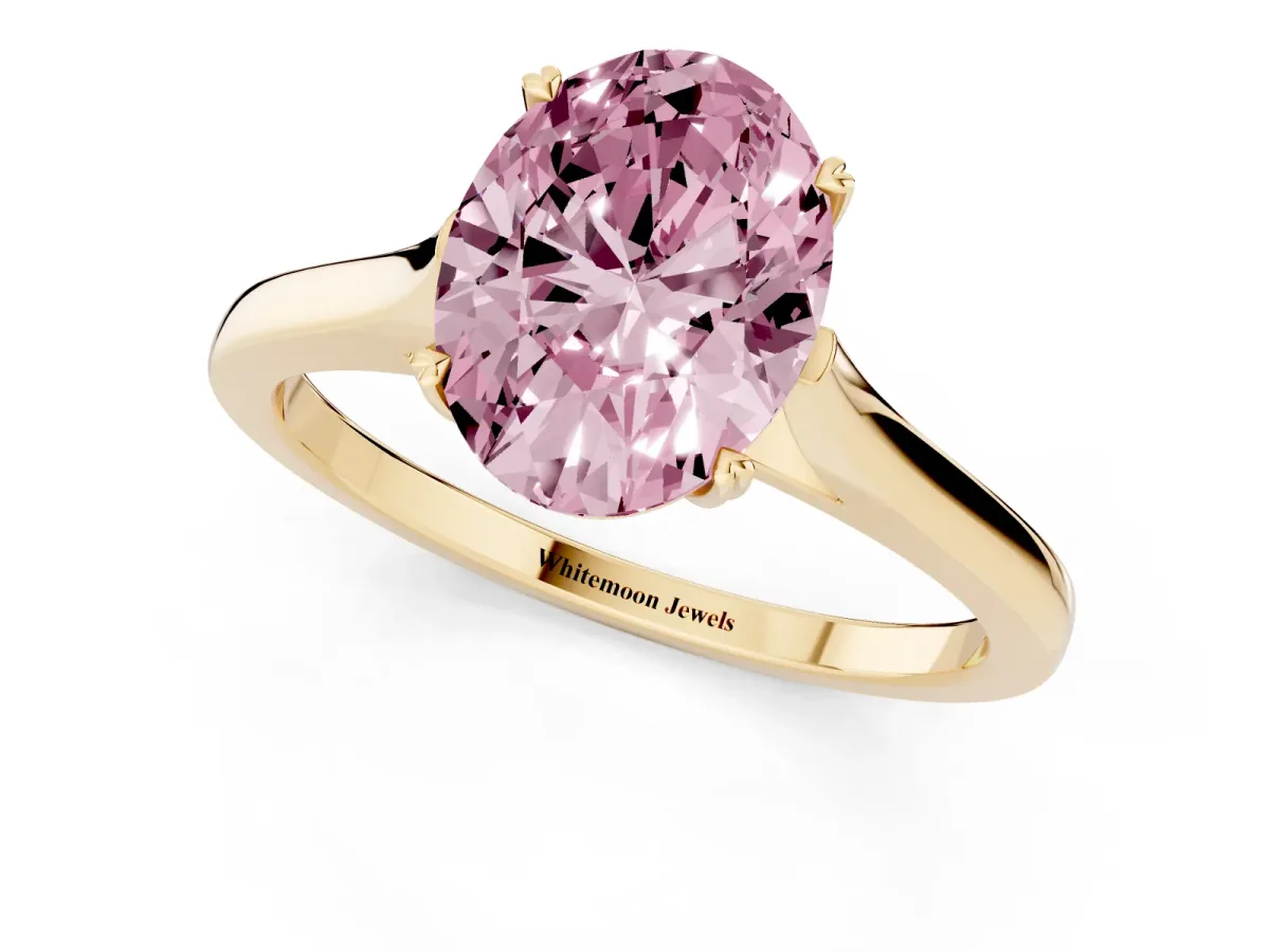 Fancy Pink Oval Cut Solitaire Heart Prong Engagement Ring with Tapered Band Yellow gold
