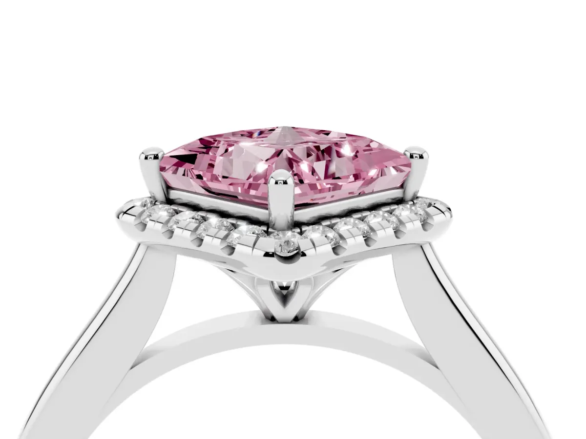 Fancy Pink Princess Cut Halo Round Diamond Solitaire Engagement Ring with Pave Band and Four-Prong Setting Platinum