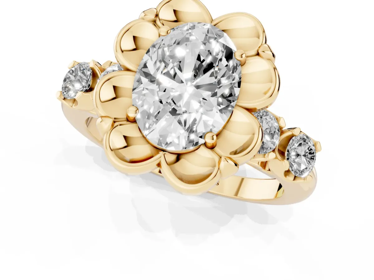 Oval Cut Cut Diamond Floral Halo Engagement Ring with Shared Prong Setting Yellow gold