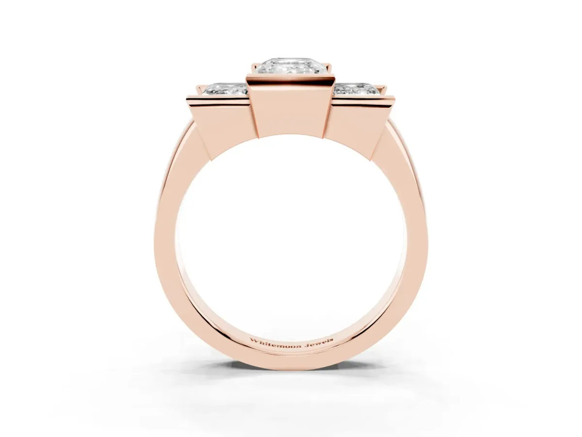 Three Stone Emerald Cut Cut Channel Set Diamond Ring Rose gold
