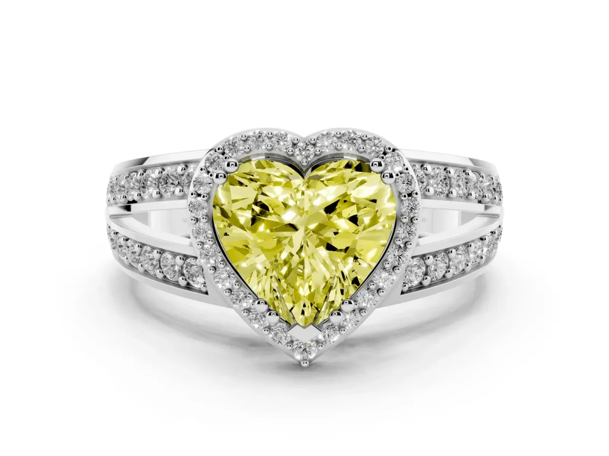 Fancy Yellow Heart Cut Diamond Halo Ring with Split Shank Pavé Band and Four-Prong Setting Platinum