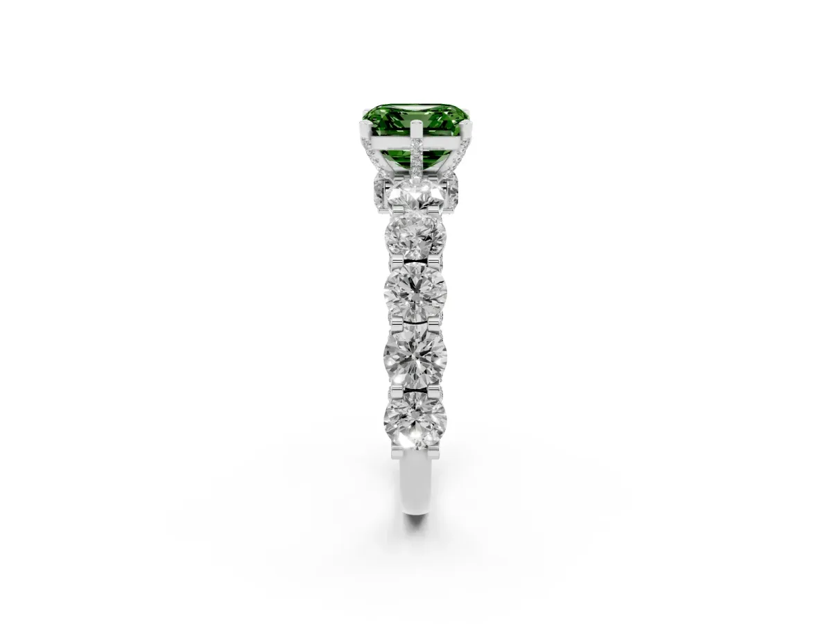 Fancy Green Asscher Cut Diamond Side Stone Engagement Ring with Four-Prong Setting White gold