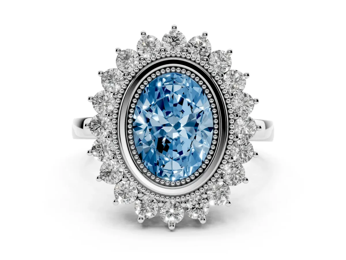 Fancy Blue Oval Cut Halo Diamond Ring with Milgrain Edge and Round Prong Setting Silver