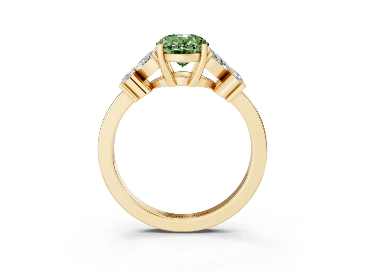 Fancy Green Oval Cut Diamond Floral Cluster Ring with Solitaire Band and Prong Setting Yellow gold