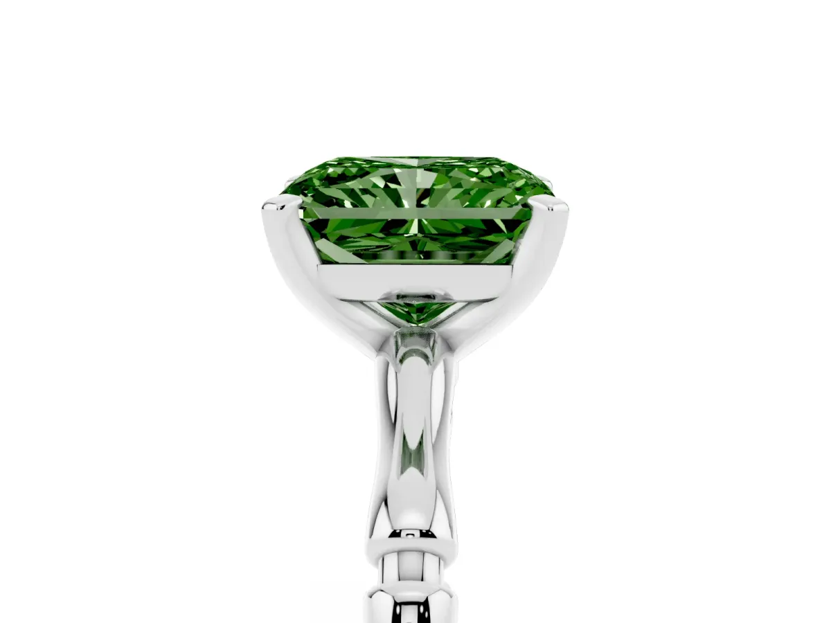 Fancy Green Radiant Cut Solitaire Diamond Ring with Bamboo Band and Four-Prong Setting Silver