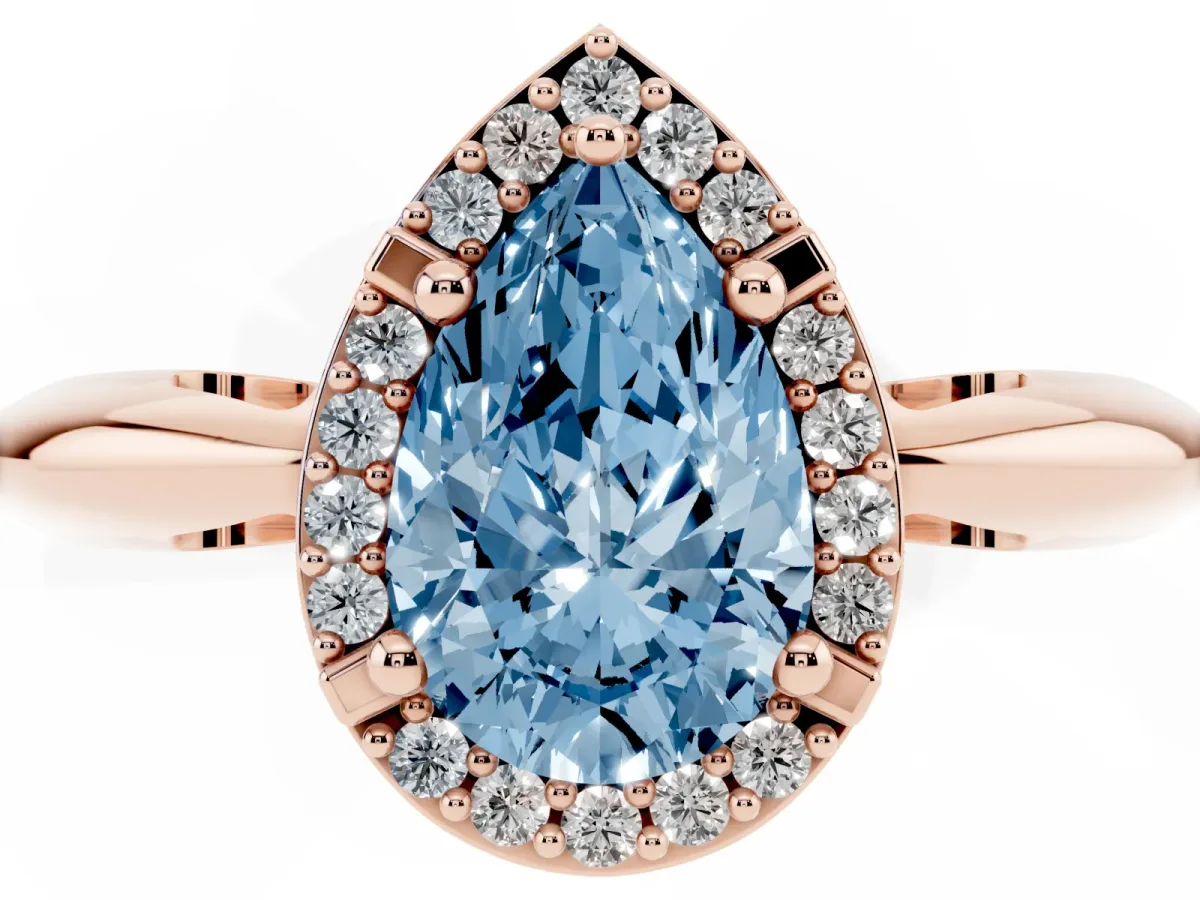 Fancy Blue Pear Cut Cut Diamond Halo Engagement Ring with Split Shank and Four-Prong Setting Rose gold