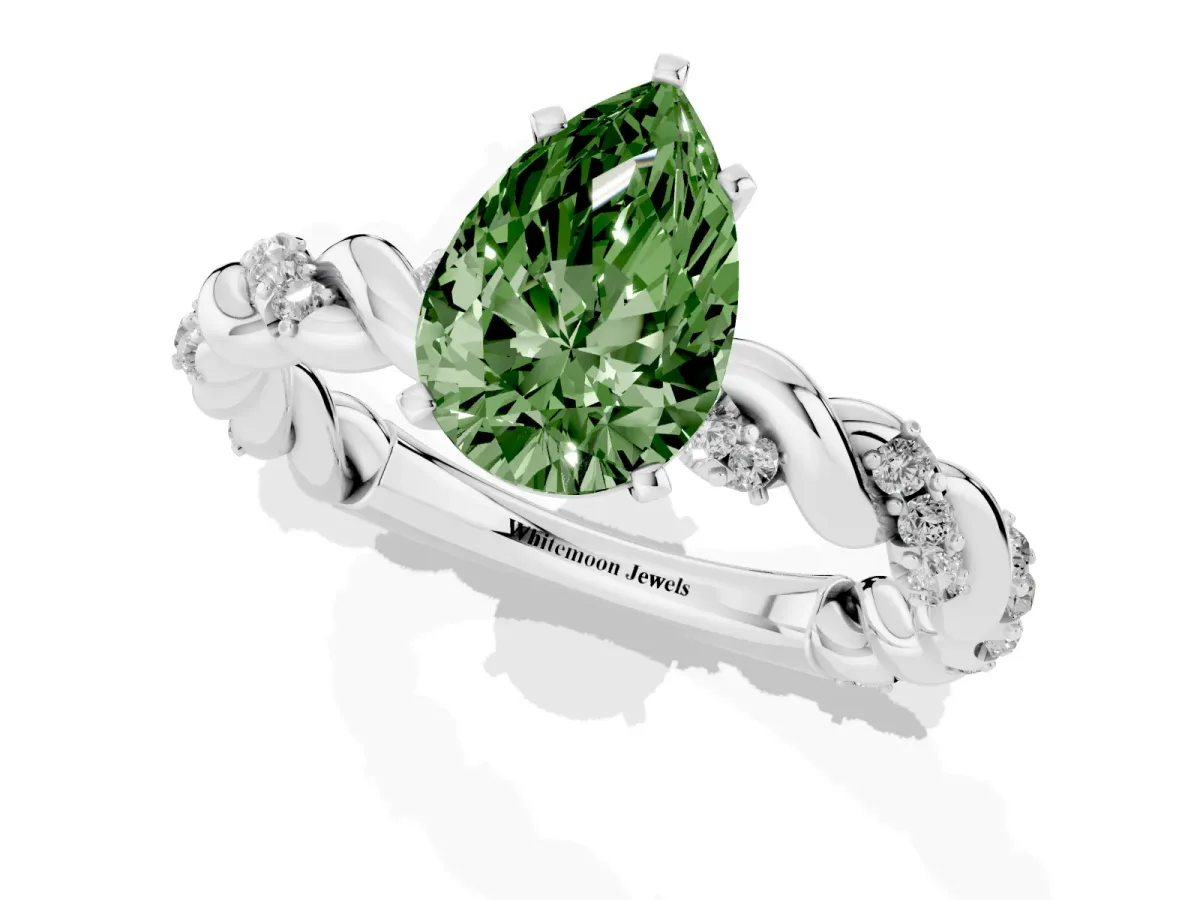 Fancy Green Pear Cut Diamond Solitaire Ring with Twisted Band and Pavé Accents Silver