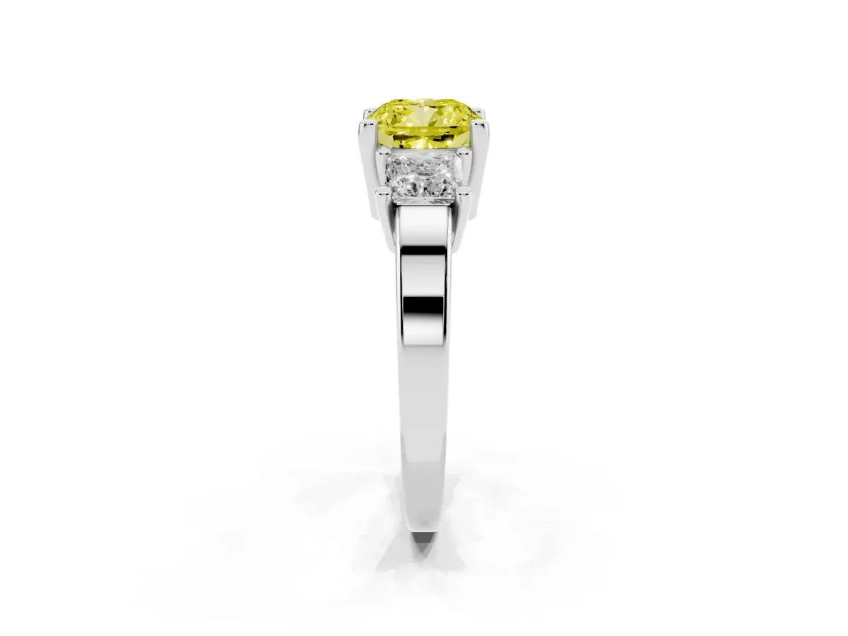 Fancy Yellow Three-Stone Cushion Cut Cut Solitaire Ring with Prong Setting Platinum