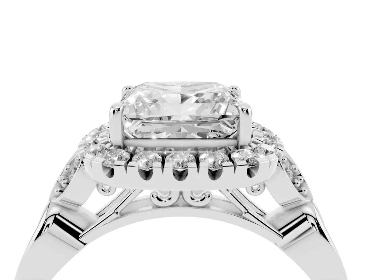 Princess Cut Halo Diamond Engagement Ring with Vintage-Inspired Band and Four-Prong Setting Silver