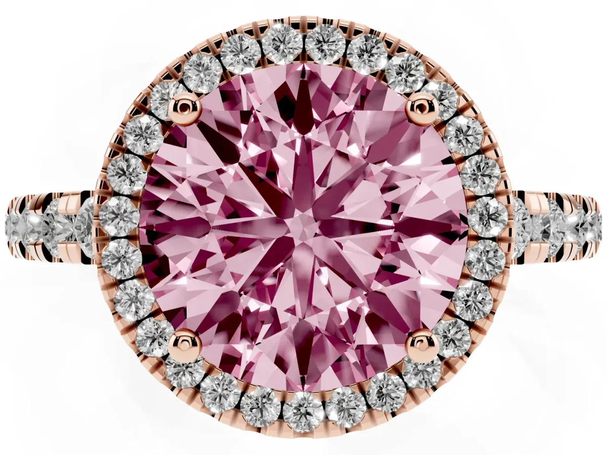 Fancy Pink Round Cut Diamond Halo Ring with Pavé Band and Four-Prong Setting Rose gold