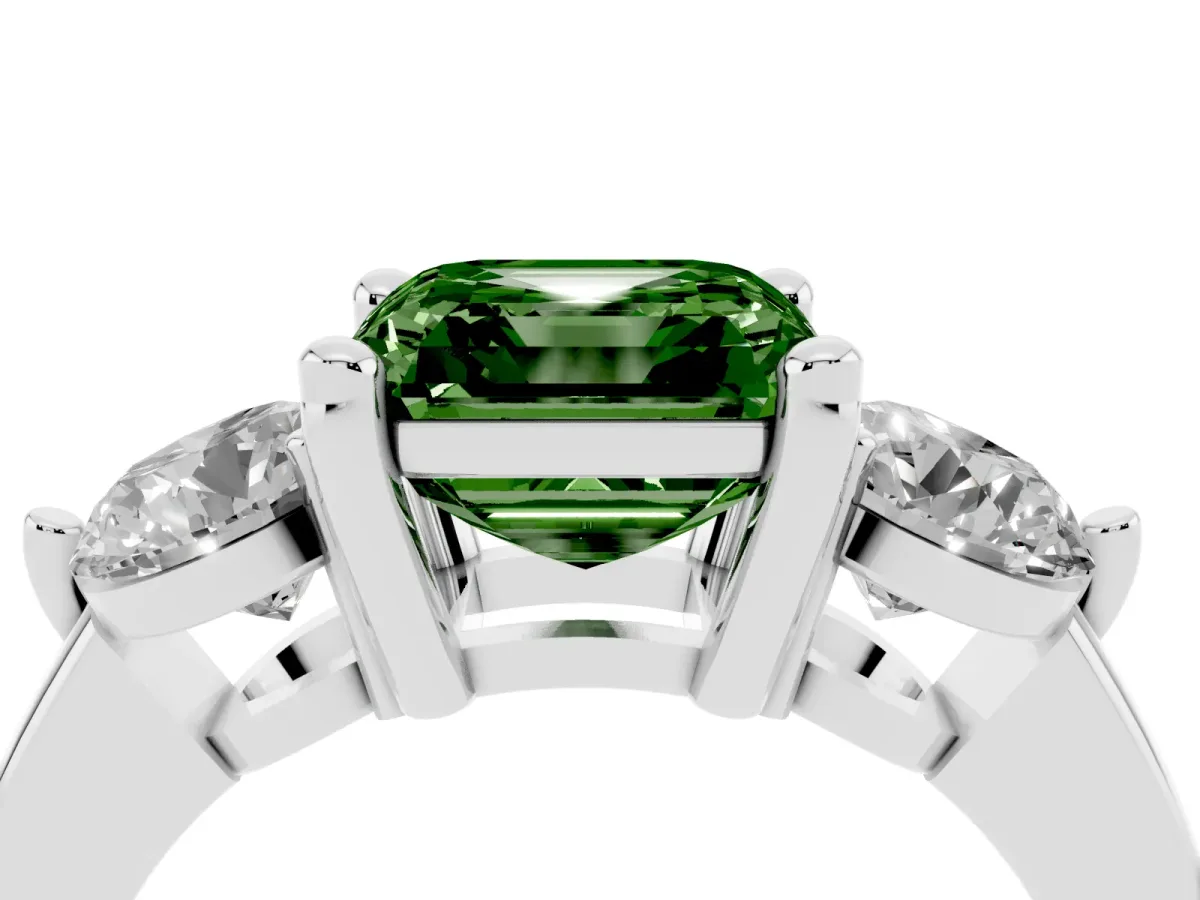 Fancy Green Three-Stone Asscher Cut Brilliant Cut Solitaire Ring with Prong Setting on a Classic Band White gold