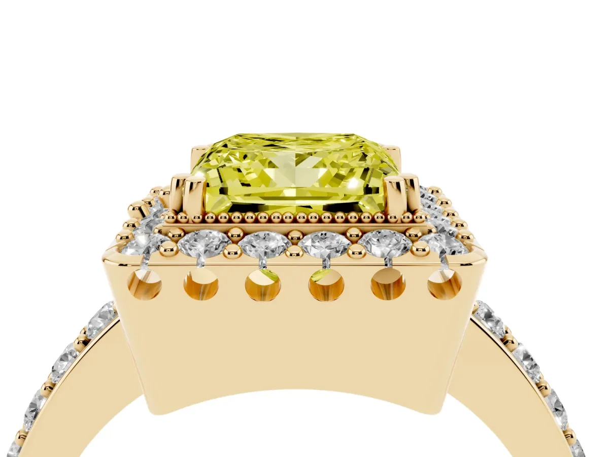 Fancy Yellow Princess Cut Diamond Halo Ring with Pavé Band and Prong Setting Yellow gold