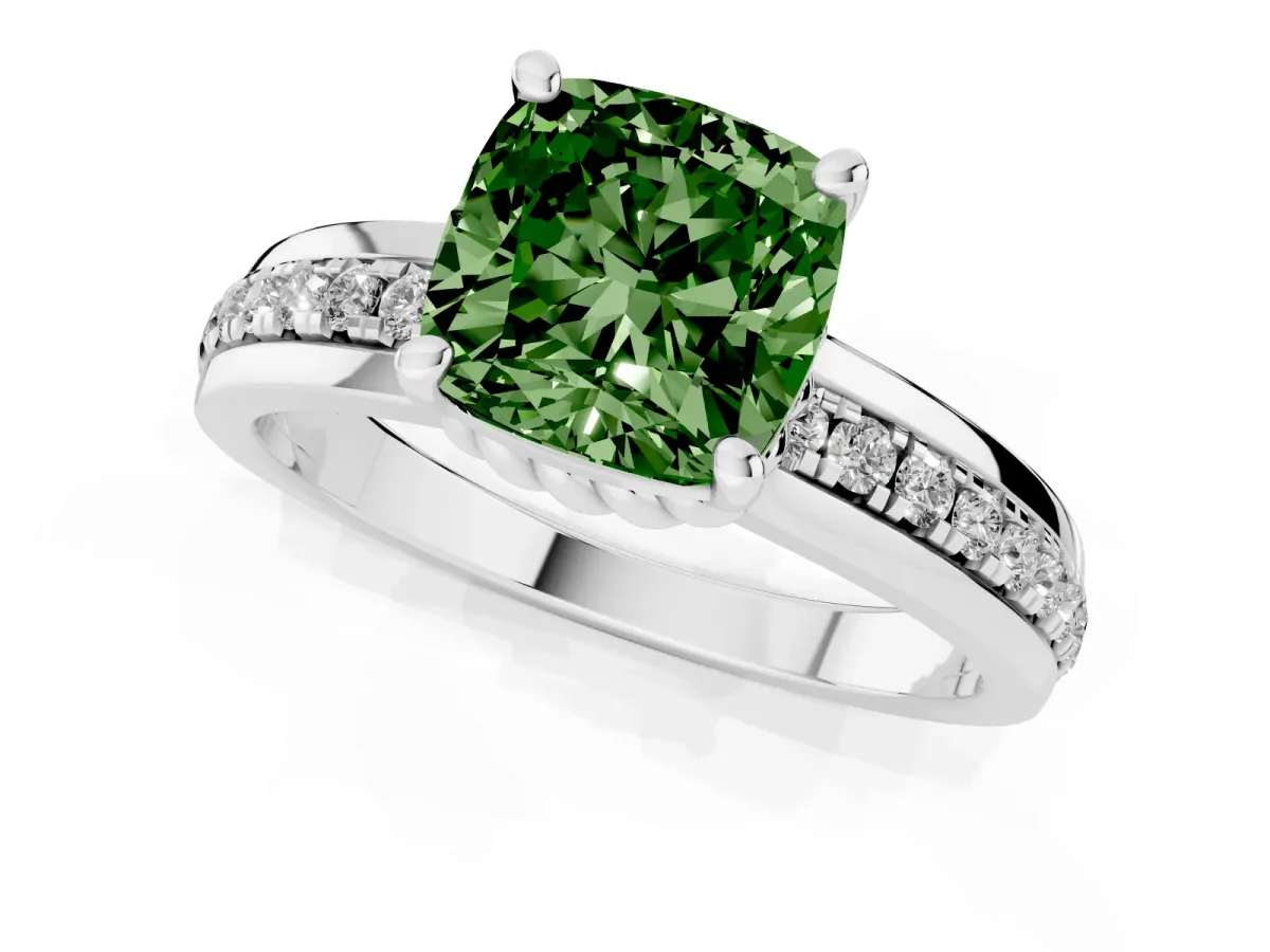 Fancy Green Cushion Cut Solitaire Diamond Ring with Channel Set Band and Six-Prong Setting Silver