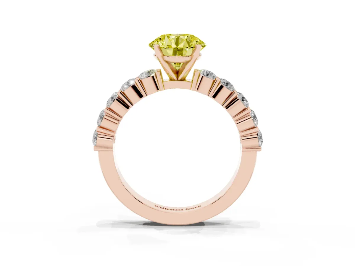 Fancy Yellow Round Cut Diamond Solitaire Ring with Shared Prong Round Side Stones Rose gold