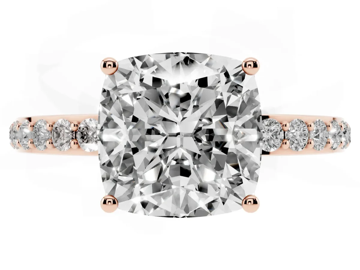 Cushion Cut Diamond Solitaire Ring with Pavé Band and Hidden Halo Rose gold