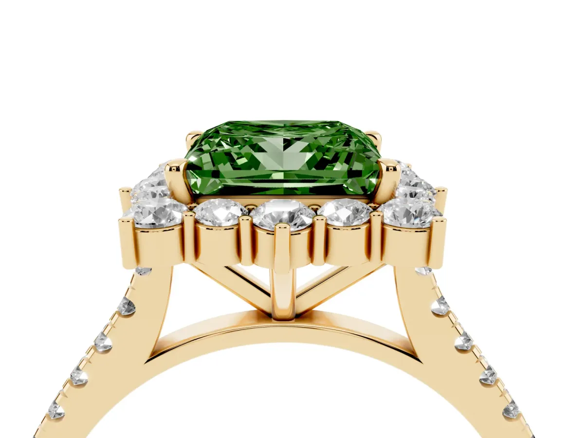 Fancy Green Princess Cut Halo Diamond Ring with Pavé Band and Prong Setting Yellow gold