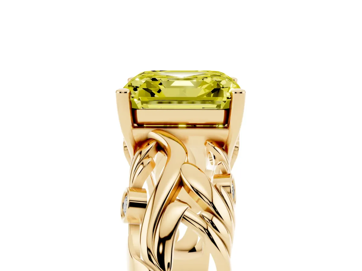 Fancy Yellow Asscher Cut Solitaire Diamond Leaf-Inspired Vine Band Ring with Prong Setting Yellow gold