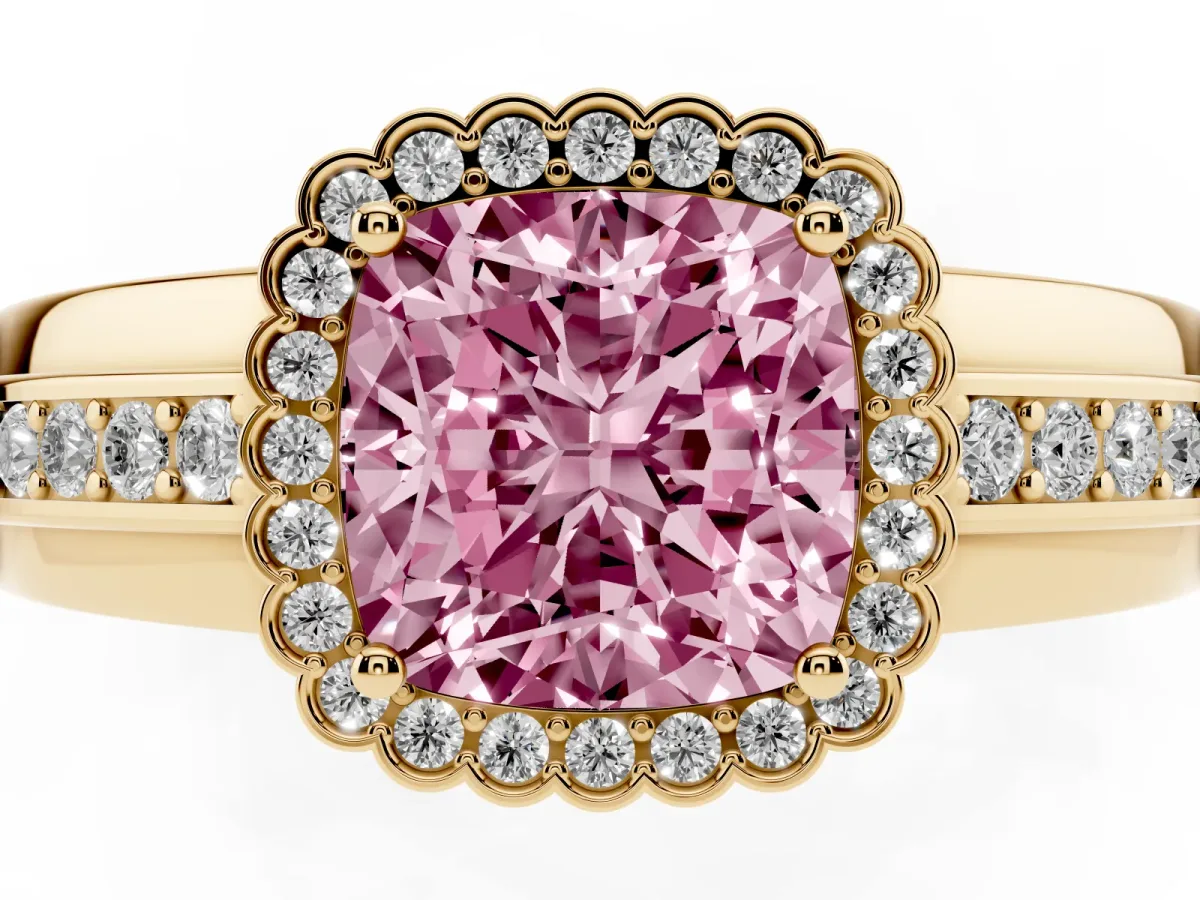 Fancy Pink Cushion Cut Cut Halo Pave Band Four-Prong Ring Yellow gold