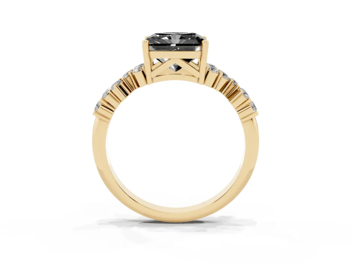 Fancy Black Radiant Cut Diamond Scattered Round Accent Ring with Prong Setting Yellow gold
