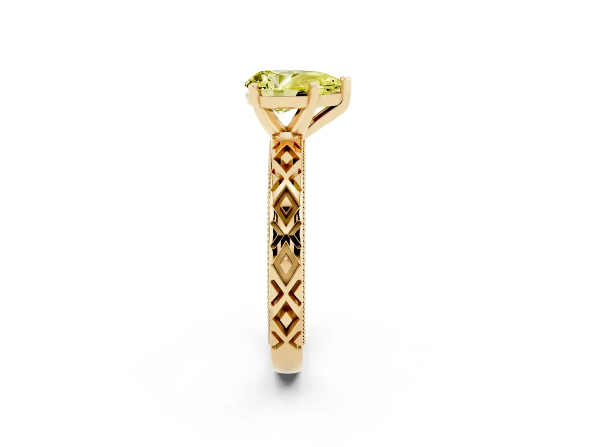 Fancy Yellow Pear Cut Solitaire Diamond Ring with Milgrain and Black Enamel X Pattern Band Yellow gold