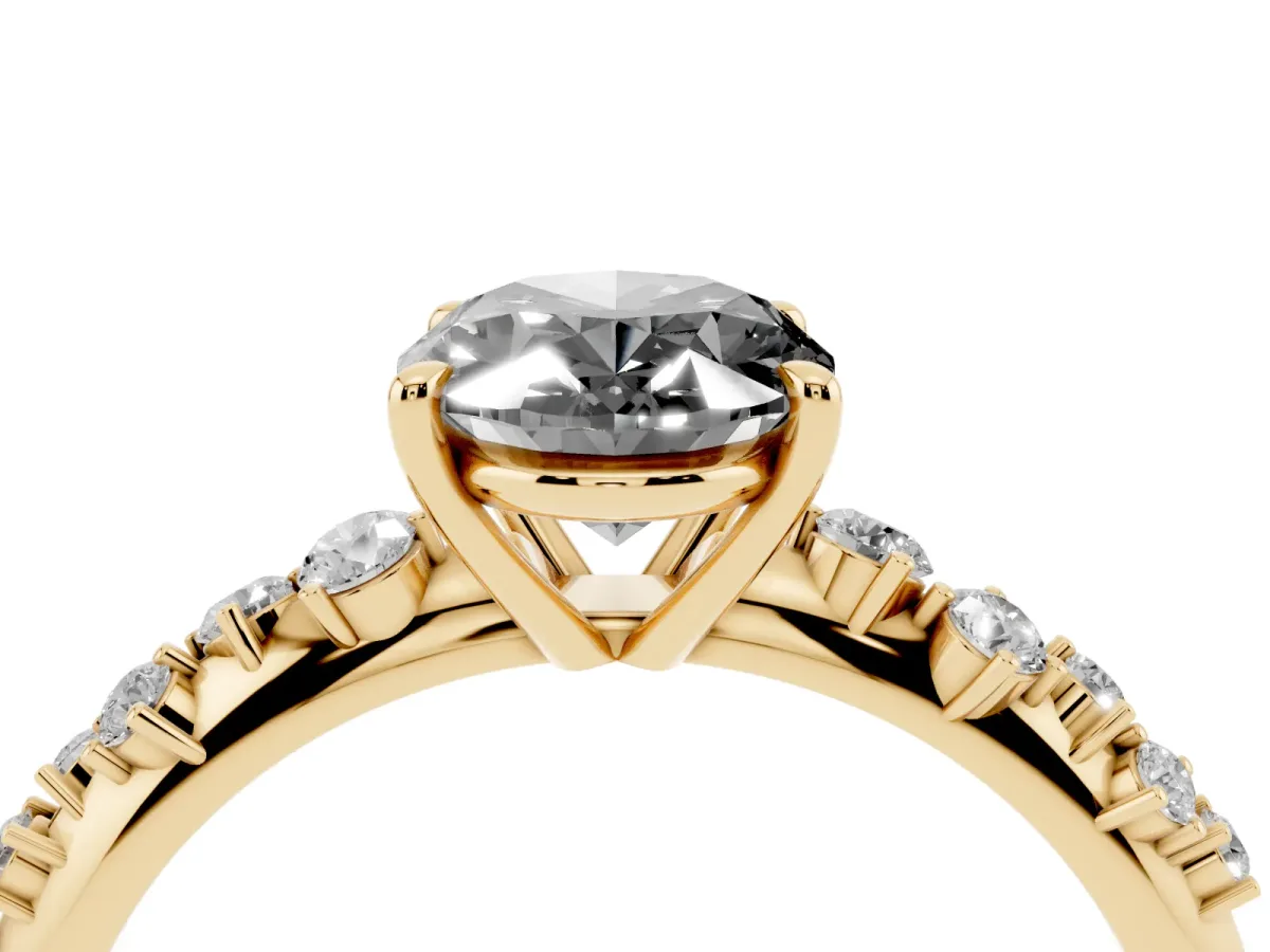 Fancy Black Oval Cut Diamond Cluster Side Stone Solitaire Ring with Prong Setting Yellow gold