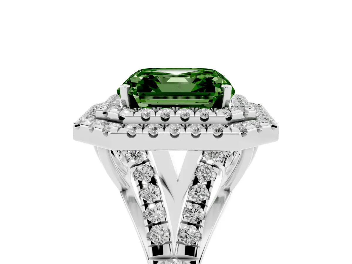 Fancy Green Asscher Cut Diamond Pavé Split Shank Double Halo Engagement Ring Platinum