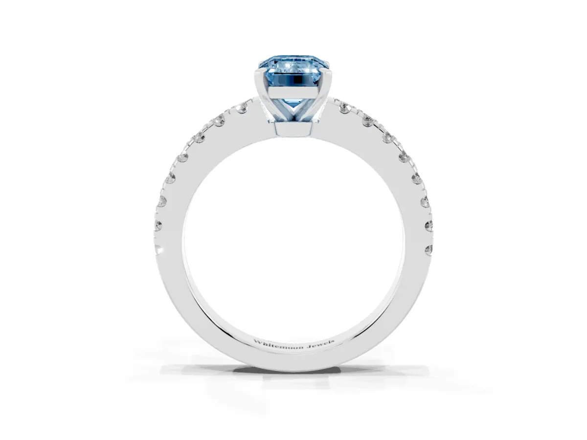 Fancy Blue Emerald Cut Solitaire Diamond with Pavé Band and Four-Prong Setting Silver