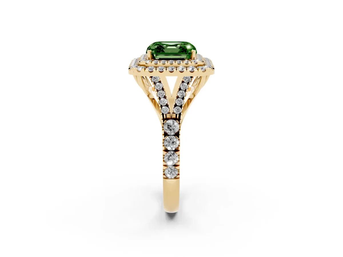 Fancy Green Asscher Cut Cut Double Halo Split Shank Diamond Ring with Prong Setting Yellow gold