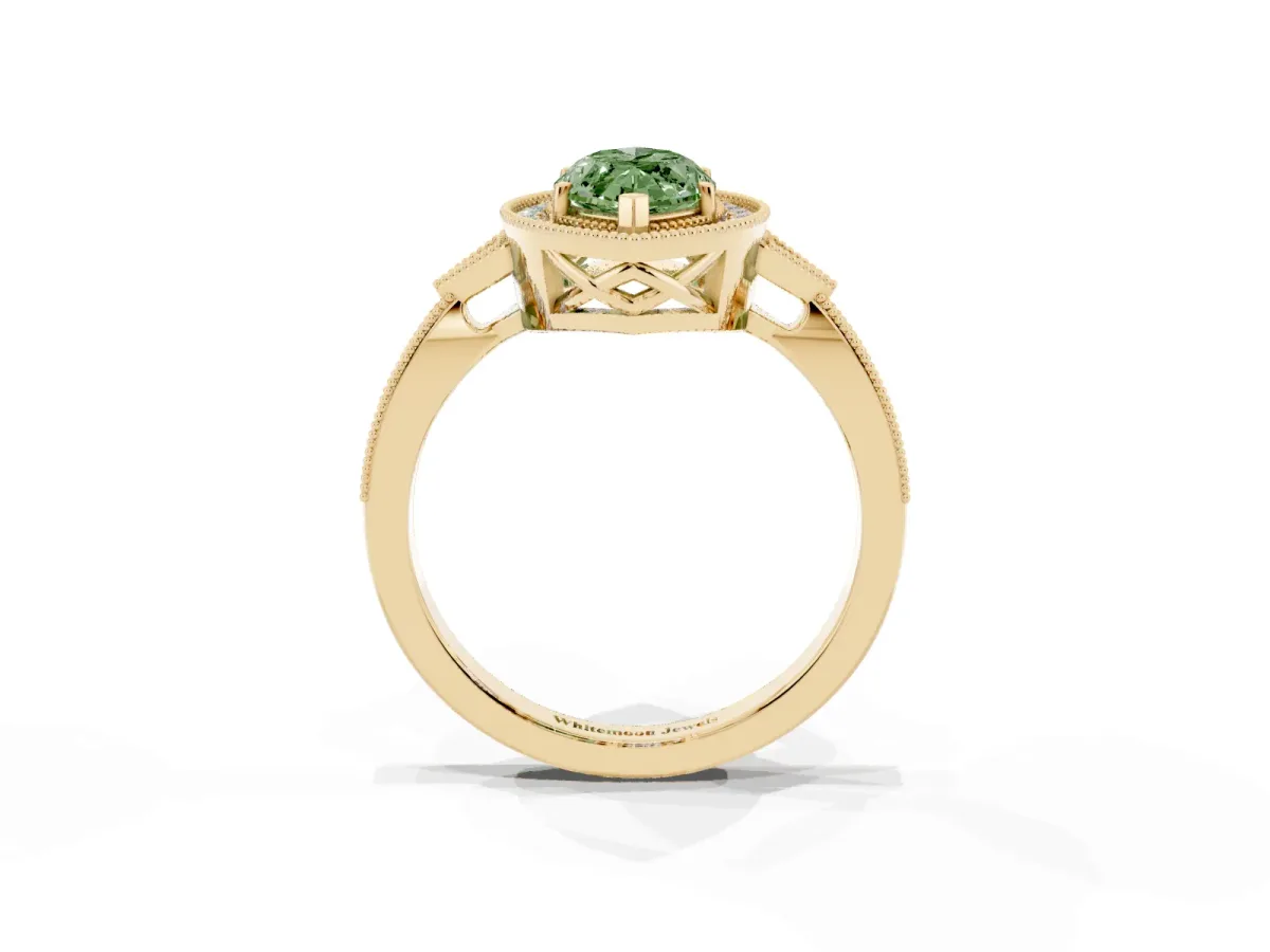 Fancy Green Marquise Cut Halo Round Diamond Milgrain Pave Engagement Ring Yellow gold