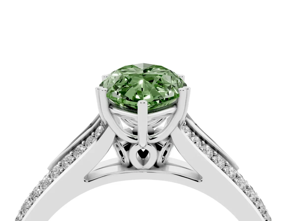 Fancy Green Marquise Cut Diamond Split Shank Engagement Ring with Pavé Band Silver