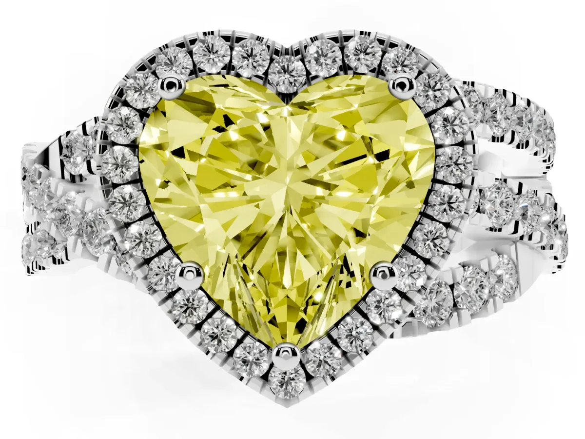 Fancy Yellow Heart Cut Diamond Halo Ring with Round Split Shank and Prong Setting Silver