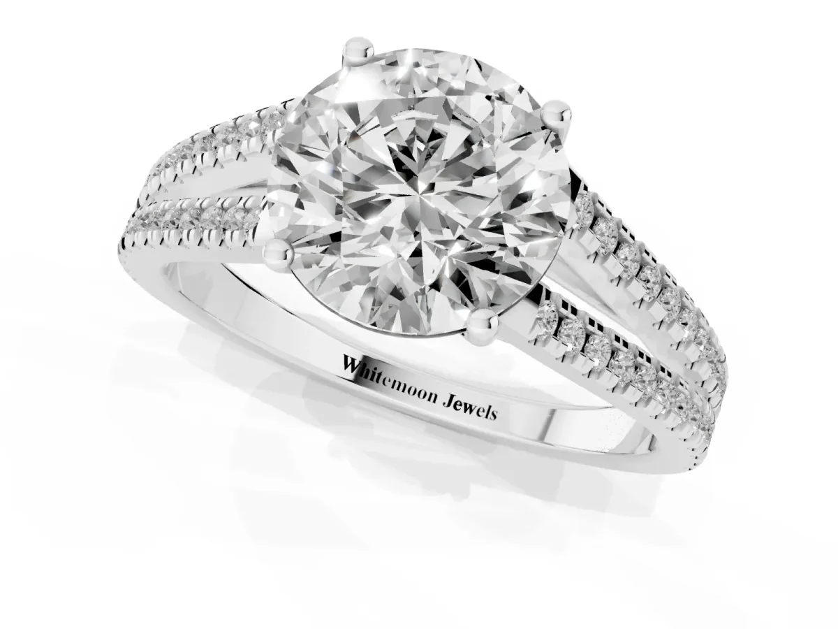 Round Cut Diamond Solitaire Engagement Ring with Split Shank Pavé Band Silver
