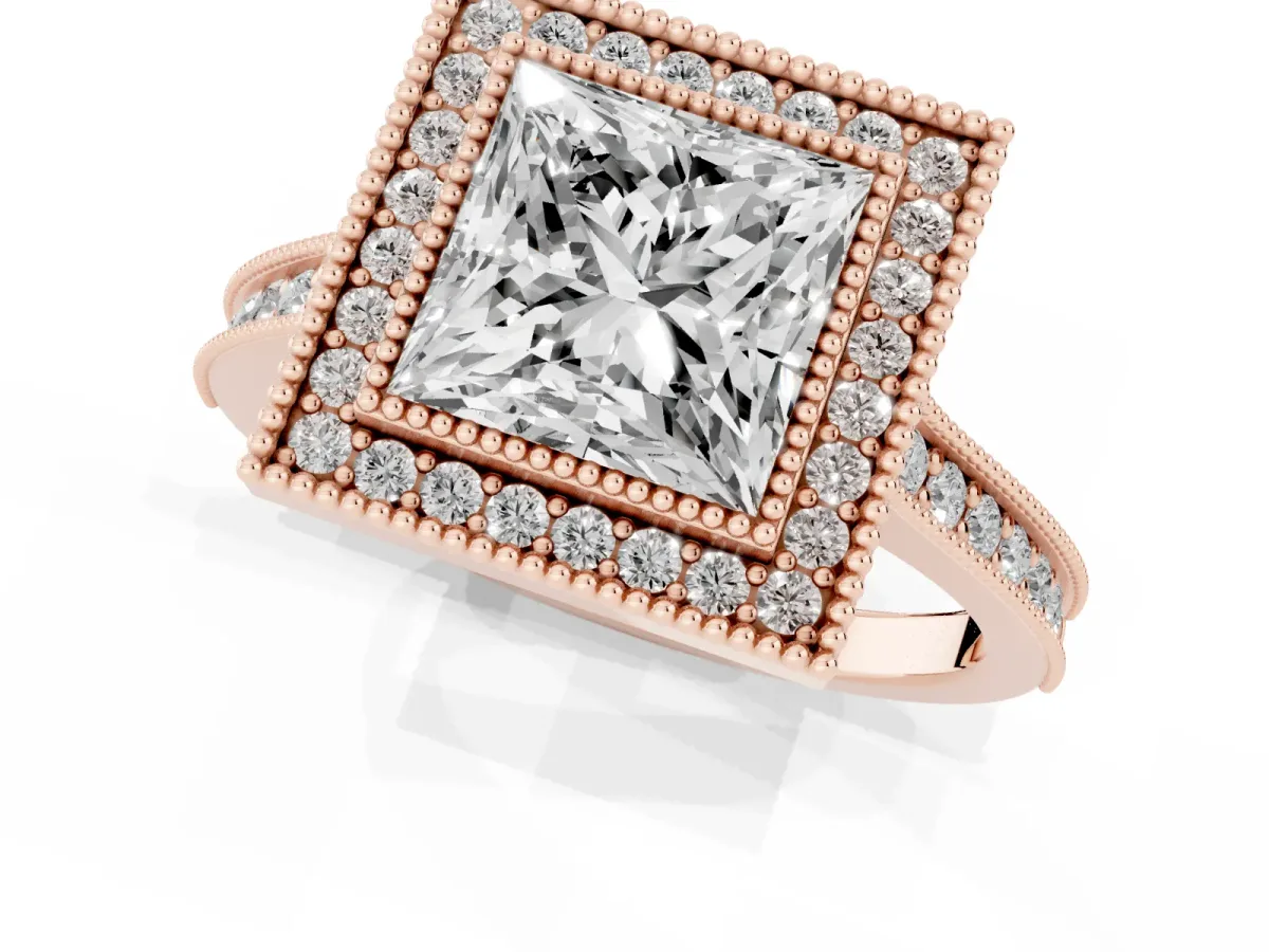 Halo Princess Cut-Cut Diamond Pave Band Milgrain Prong Setting Ring Rose gold