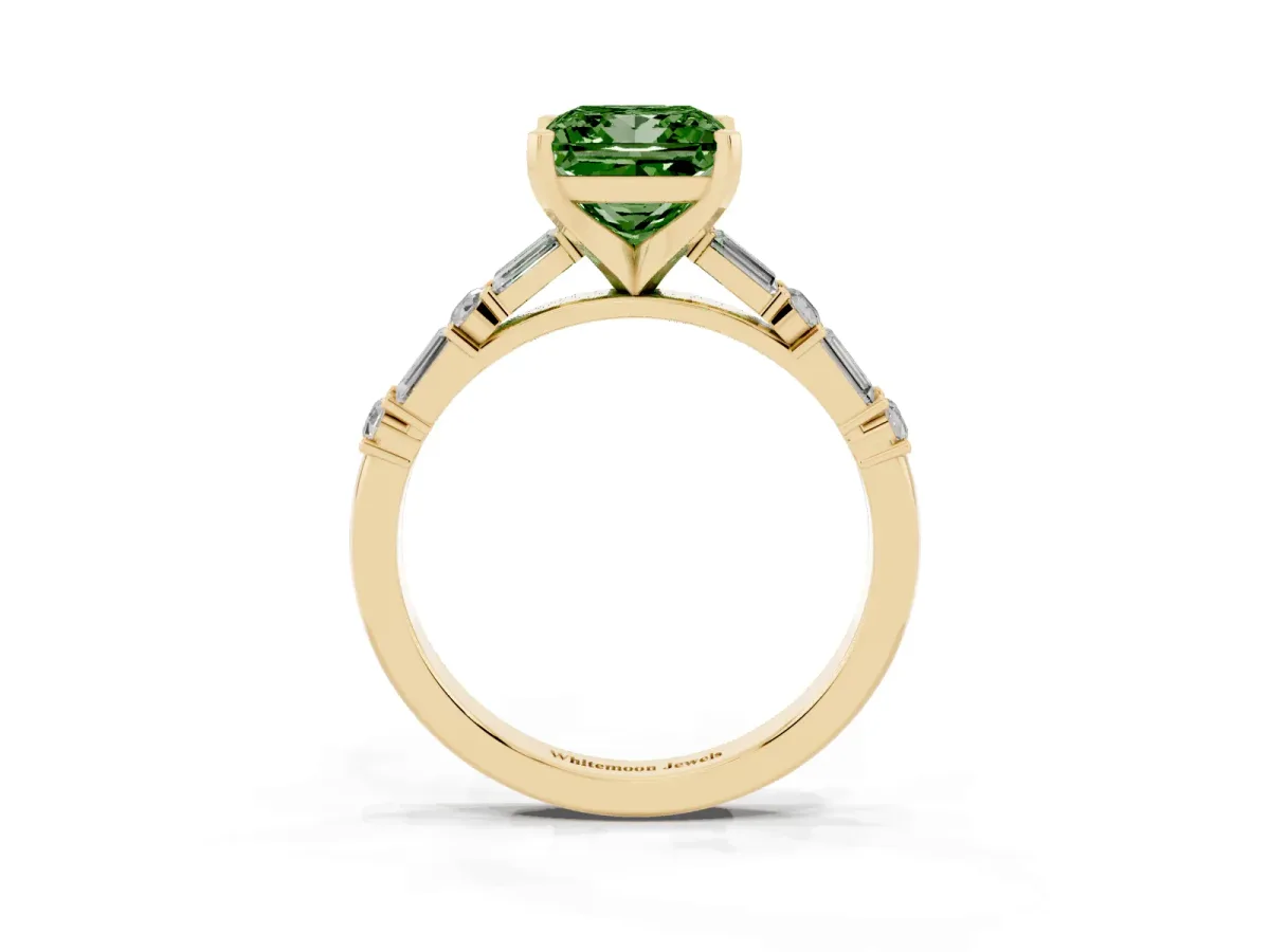 Fancy Green Princess Cut Diamond Solitaire with Side Baguettes and Channel Set Band Yellow gold
