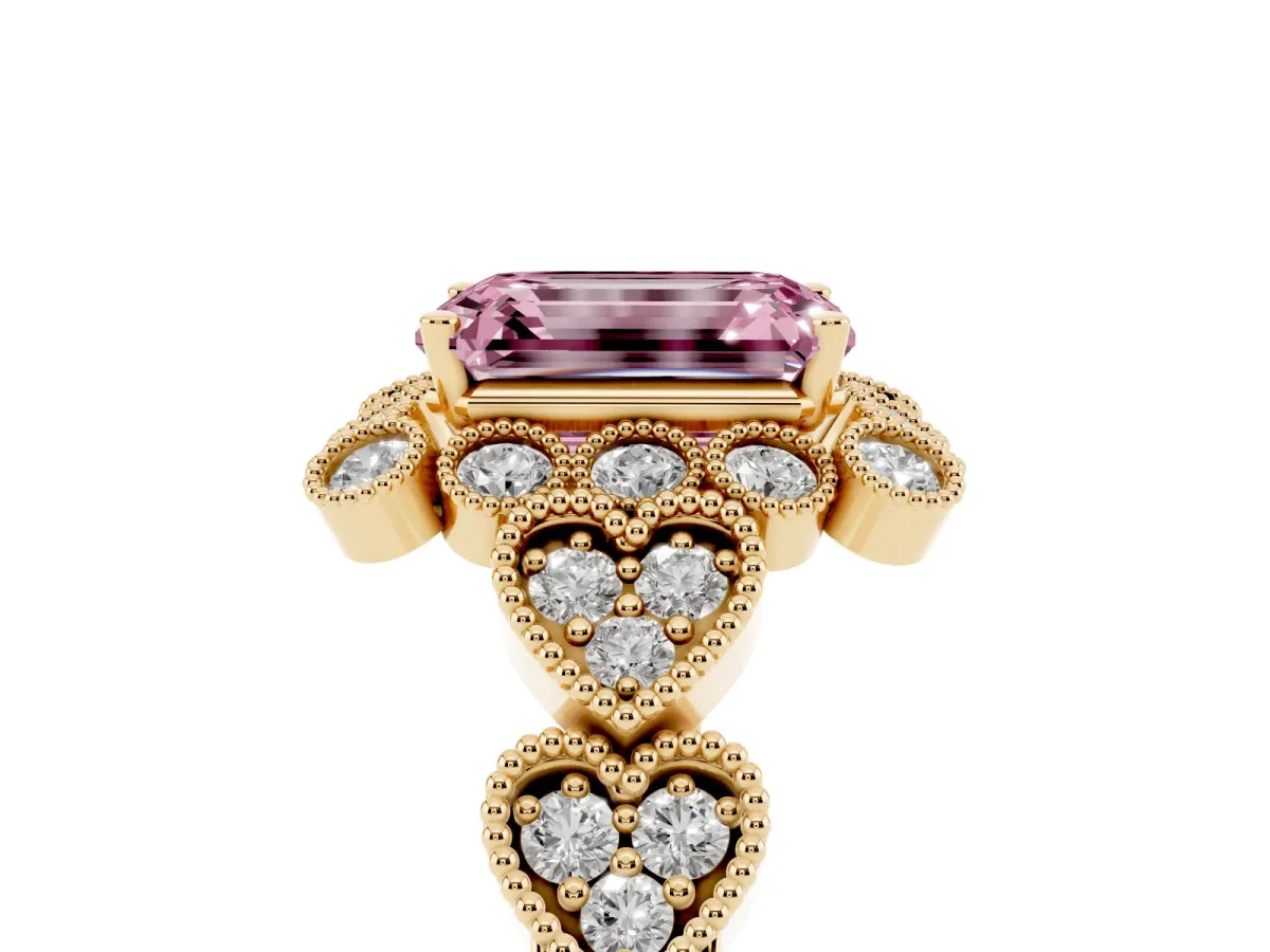 Fancy Pink Emerald Cut Brilliant Milgrain Pave Heart Band Solitaire Ring Yellow gold