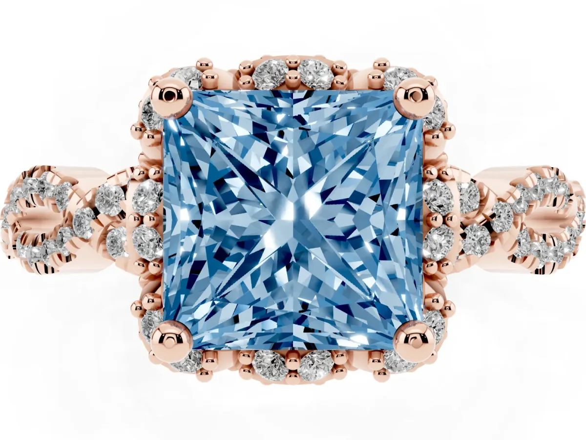 Fancy Blue Princess Cut Halo Twist Band Solitaire Ring with Six-Prong Setting Rose gold