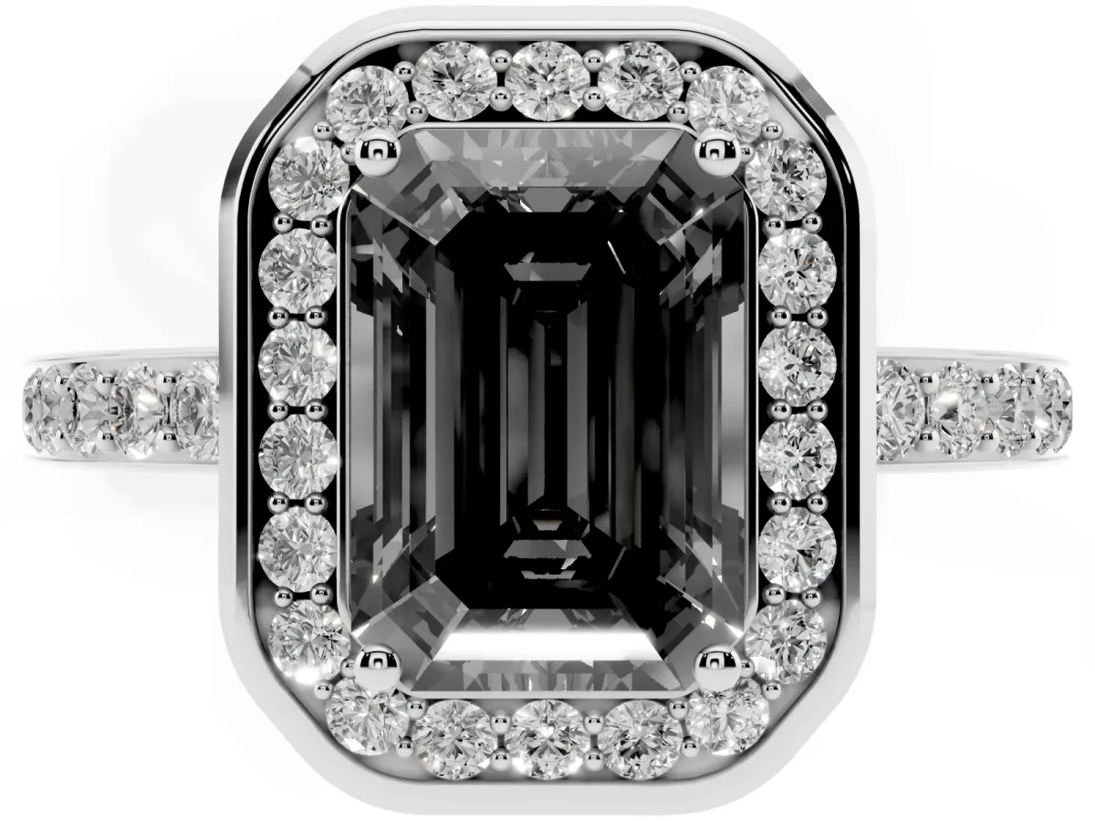 Fancy Black Emerald Cut Diamond Halo Ring with Bezel Frame and Pavé Band Silver