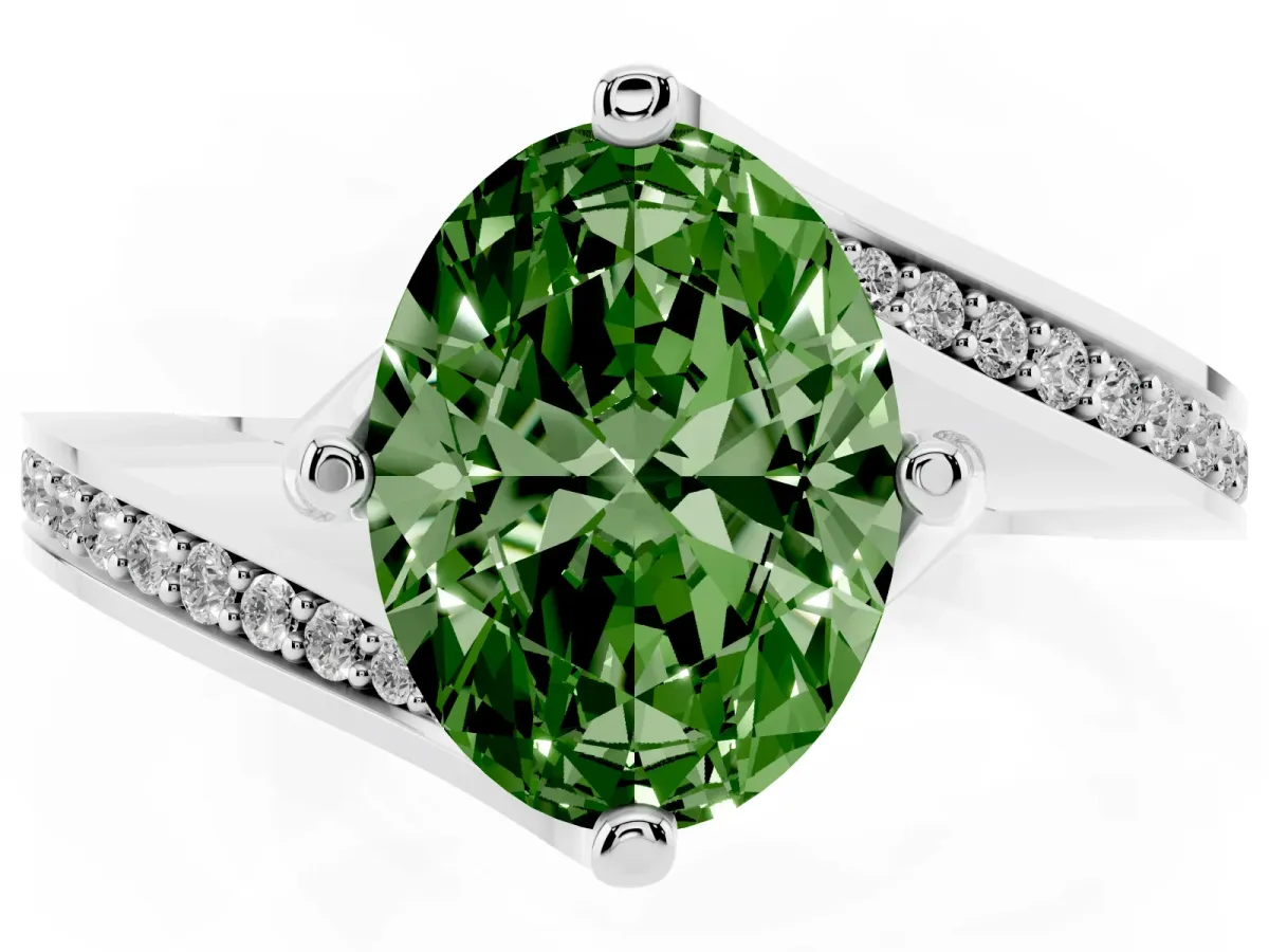 Fancy Green Oval Cut Solitaire Diamond Twist Band with Pavé Setting and Four-Prong Setting Silver