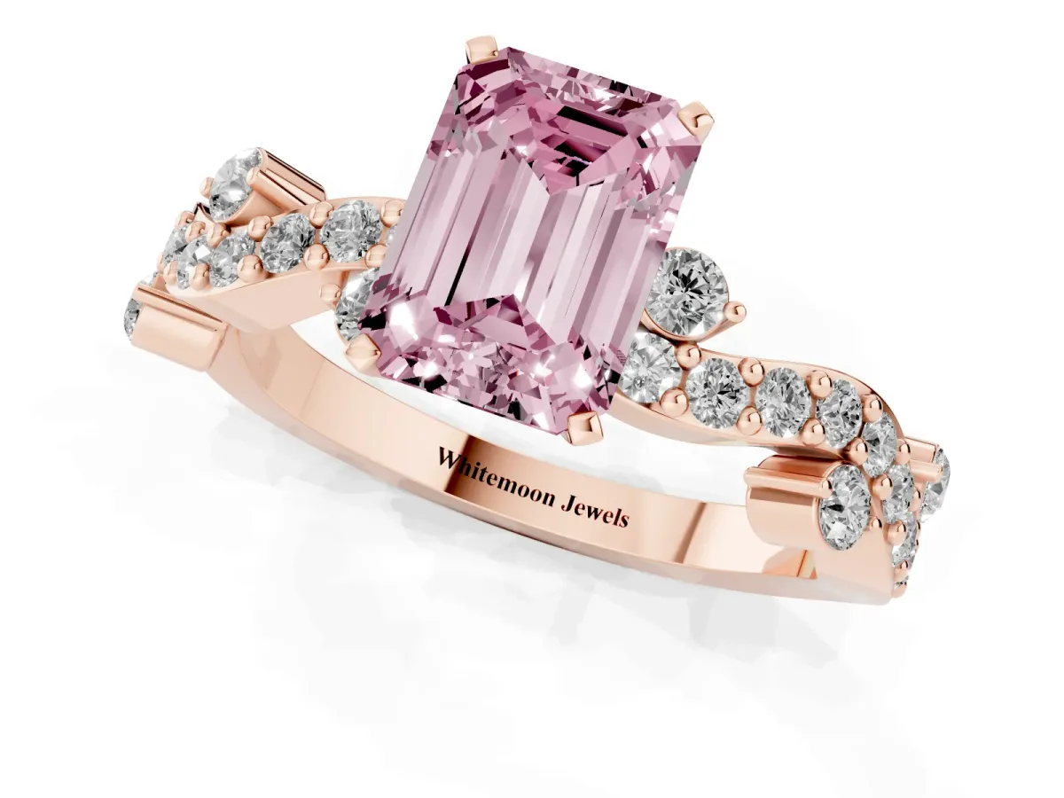 Fancy Pink Emerald Cut Cut Solitaire Diamond Twisted Band with Pave Setting Rose gold