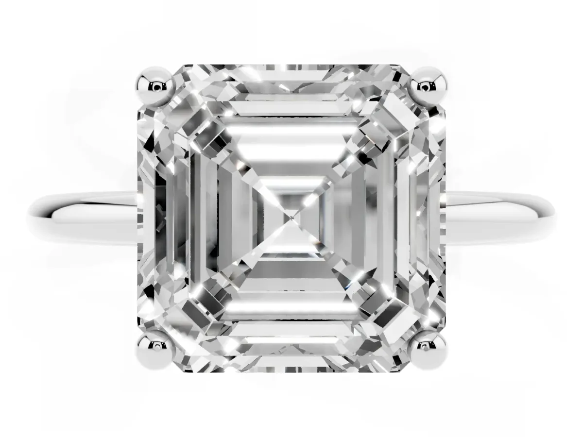 Asscher Cut Solitaire Diamond Ring with 4-Prong Setting on a Classic Band Platinum